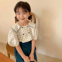 Korean Kids Girls Floral Shirt 2022 Summer New Medium And Big Kids Double-Breasted Cotton Bubble Short-Sleeved Top