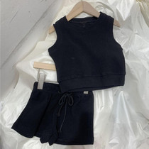 Childrens Waffle Vest Shorts Casual Sports Suit Korean Boys and Girls 22 Summer Black Two-Piece Set Thin