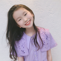 Girls lapel embroidery cutout high-end dress Korean childrens wear 2021 summer new style medium and big boy purple princess dress