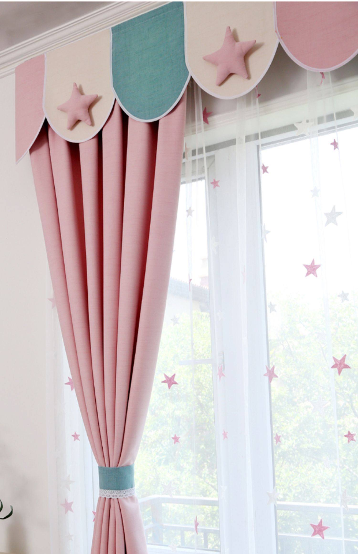 儿童房窗帘女孩公主风棉麻小清新男孩卧室飘窗遮光防晒星星短窗