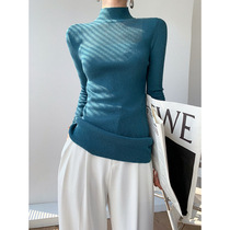 Niche design sense perspective stitching wool sweater women half high collar slim slim Joker slim Joker Autumn Winter