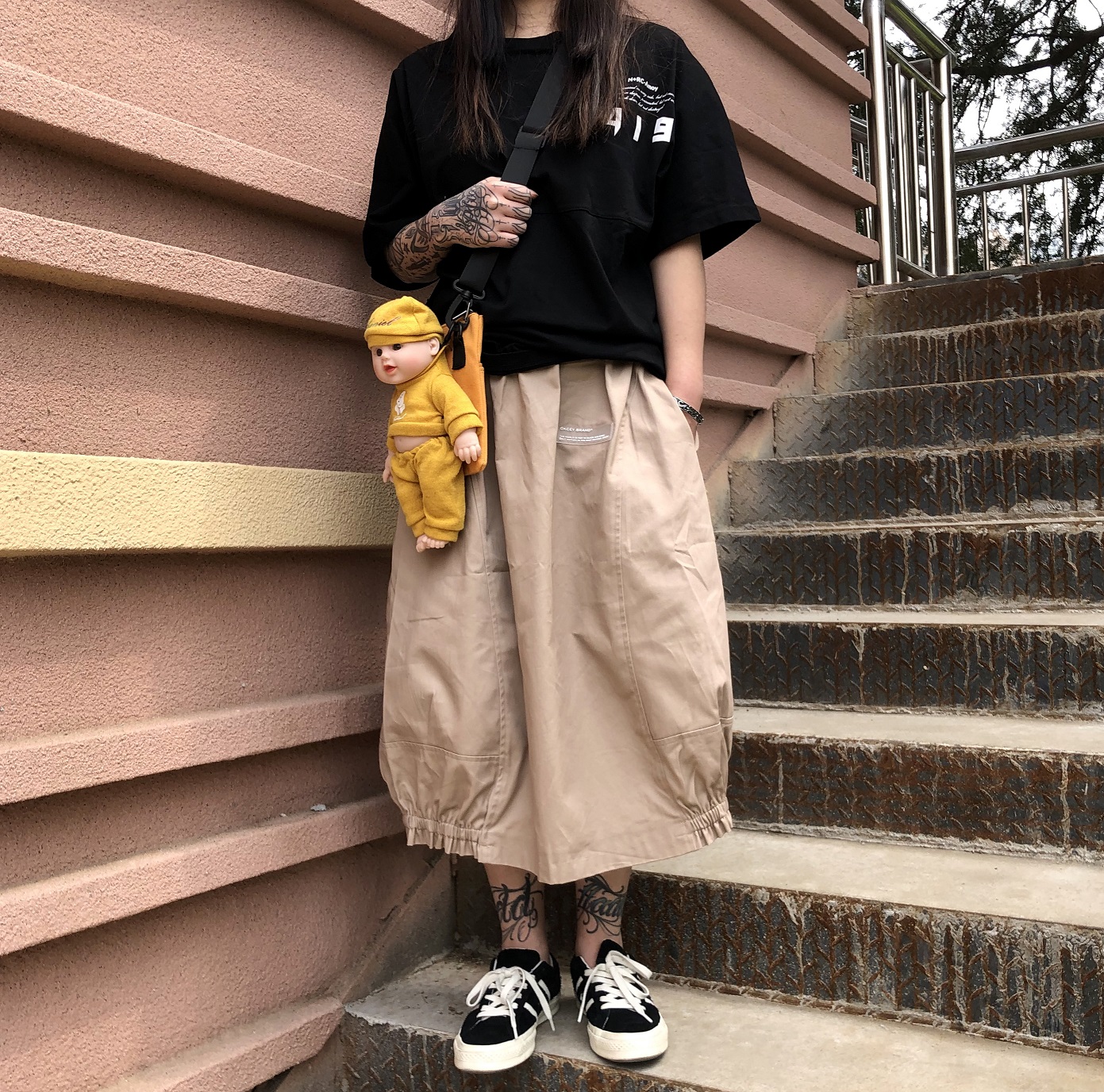 okcey lab卡其色日式复古灯笼工装裙女港风夏长裙松紧腰半身日系