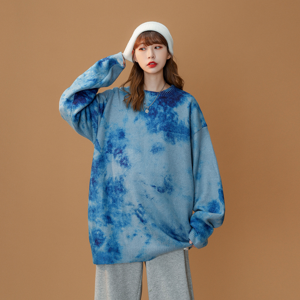 秋冬新扎染渐变印花毛衣男女中性风针织衫宽松圆领大码p58 控78