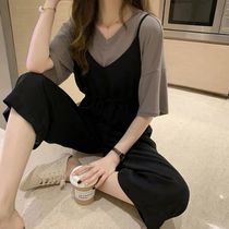 2020 summer new foreign style age-reducing fashion strap wide-leg pants Chiffon suspender jumpsuit set two-piece set