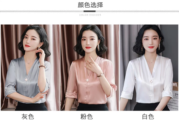 Áo sơ mi lụa Hàng Châu Âu ga giữa tay áo ba phần tư tay áo sơ mi vải satin nhỏ Áo sơ mi nữ lụa Hàng Châu - Áo sơ mi