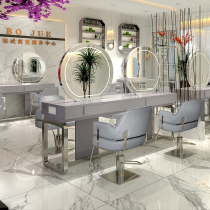 Solid wood barber shop mirror table simple hair salon with lantern hairdressing mirror stainless steel European style mirror photo studio makeup mirror table