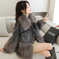 Denim stitching fur coat womens 2022 new Haining fox fur down pie to overcome the explosion of fur coat