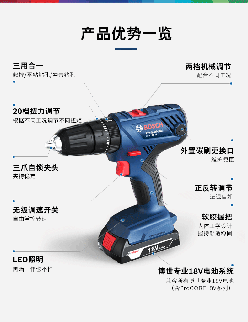 博世电钻锂电钻冲击钻18v家用多功能电动螺丝刀充电式工具