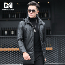 2021 Haining autumn and winter new leather leather mens sheep down jacket long hooded slim trend jacket