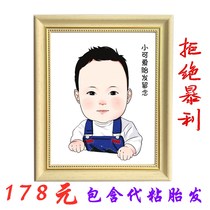 Fetal hair painting custom baby hand painting lanugo souvenir diy homemade 100 days Baby Full Moon fetal hair portrait