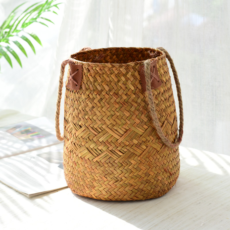 Pastoral rattan woven flower basket Hand-woven straw woven flower pot Nordic living room decoration bamboo woven straw woven dried flower arrangement flower arrangement