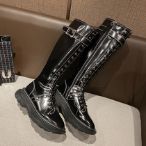 Full cow leather handsome gas locomotive long boot thick bottom high cylinder boot female spring autumn though kneecap boot knight boots 2021 boots