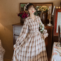 French vintage dress niche autumn dress 2020 new female college style thin lattice skirt English dress