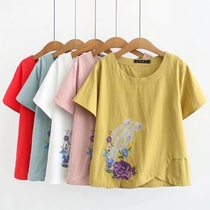 Summer new middle-aged and elderly womens clothing loose cotton embroidery short sleeve T-shirt fat mother National style top