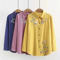 2019 spring and autumn new elderly ethnic style embroidery cotton long sleeve casual shirt fat mother women cardigan