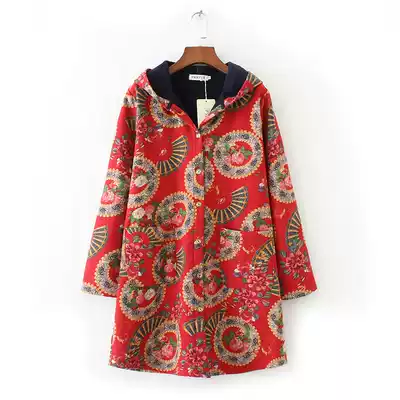 Middle-aged and elderly mothers with large size plus velvet cotton and linen printing medium and long version of hooded trench coat coat fat MM200 kg shirt