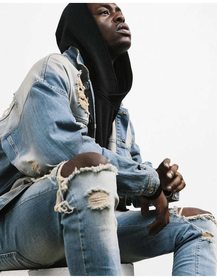 秋冬kanye west膝盖大破洞牛仔裤潮流高街韩版男生弹力修身小脚裤