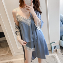 Pajamas Advanced sense of womens spring and autumn thin ice silk suspender three-piece suit Sexy lace shorts nightgown summer