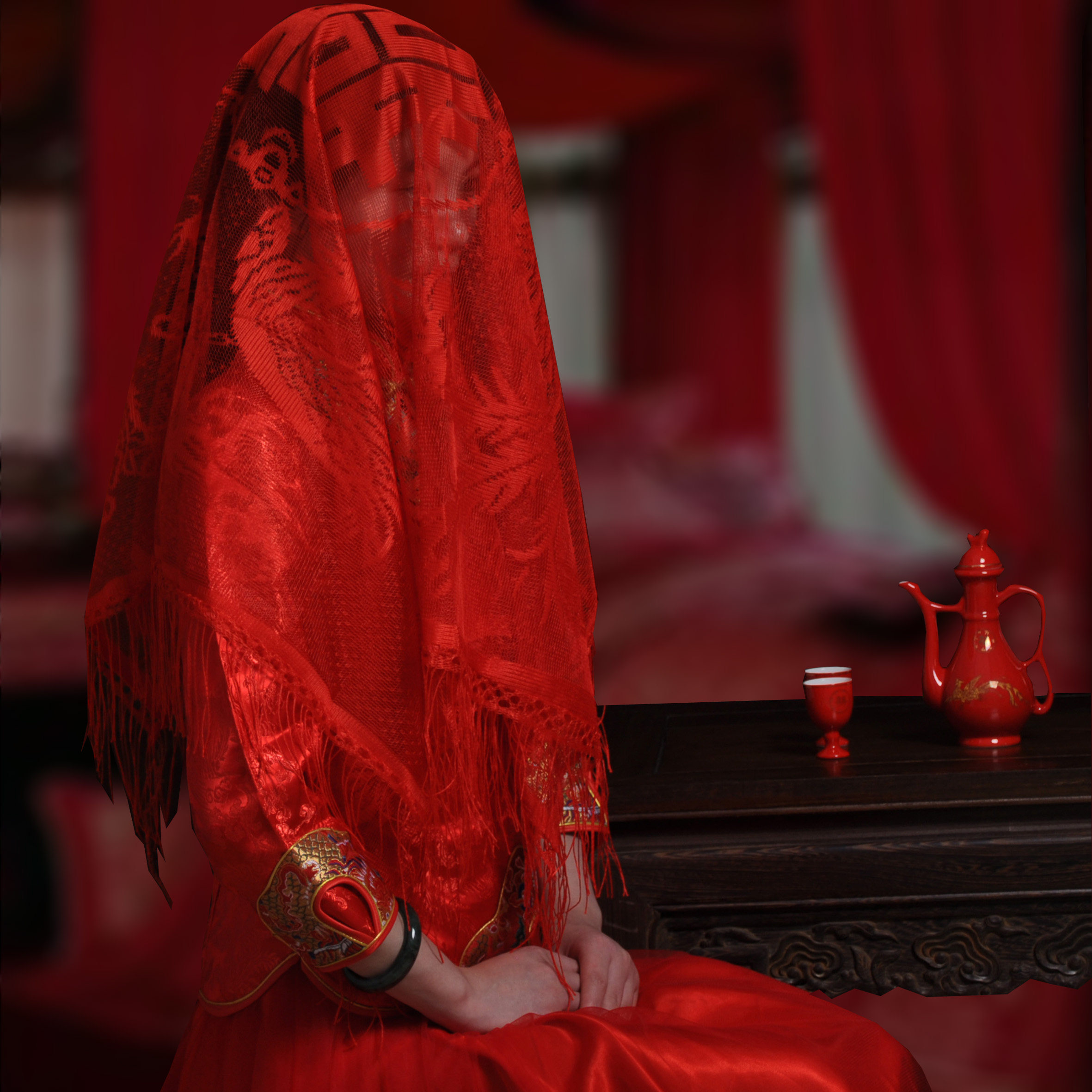 vinyluse结婚用品新娘红盖头纱喜帕蒙头巾婚庆中式喜字流苏红盖头