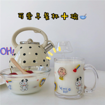 Korean ins cute cartoon print puppy milk glass bowl Cereal salad bowl breakfast cup student couple Cup