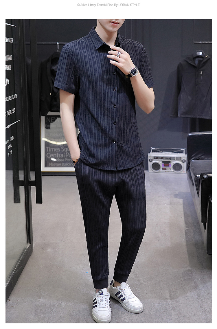 冰丝衬衫t恤男短袖九分裤套装薄款帅气百皱条纹休闲