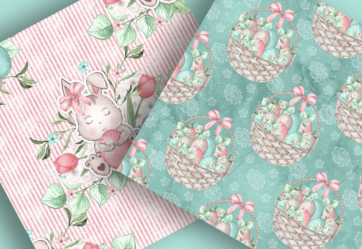 甜蜜风格复活节兔子手绘图案数码纸背景素材sweeteasterbunnydigital