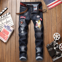 Personality hole jeans men patch fashion print stretch straight slim autumn badge trend beggar trousers