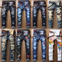 2021 new personality retro embroidered jeans mens hole patch stretch ragged beggar trousers Korean tide