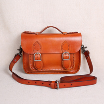 Pure handmade womens bag leather original womens bag head layer cowhide retro literary shoulder bag shoulder bag small square bag