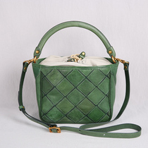 Leather womens bag hand-stitched womens small bag shoulder bag crossbody bucket bag leather literary retro Hand bag