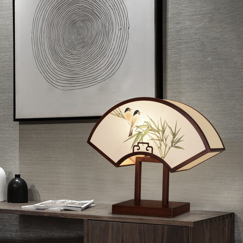现代客厅新中式手绘扇型台灯卧室床头灯具中国风古典温馨装饰