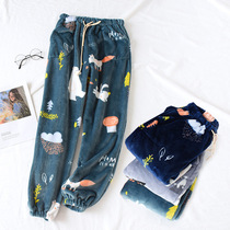 Coral velvet pajama pants mens autumn and winter warm pants flannel loose outside wear lazy dad thick warm home pants