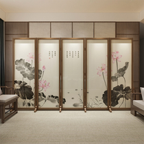 New Chinese retro meditation Lotus Bedroom Screen folding Living room Xuanguan Mobile Decorative Wall Solid Wood Home Folding Screen