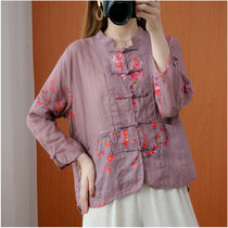 Art Cotton Linen Printed Shirt Woman Autumn Comeback Ancient Disc Buckle Linen Sweatshirt Chinese Style National Wind Numb Blouse With Long Sleeve Cardiovert