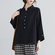 2020 autumn new small fresh color button cotton linen shirt woman loose retro art upright collar long sleeve linen cotton blouse
