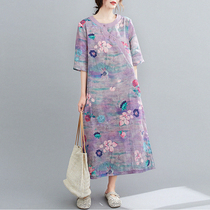 Literary vintage print cotton linen dress women Summer loose Half sleeve Chinese modified cheongsam linen long skirt