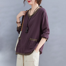 Art retro V collar double cotton yarn T-shirt female spring autumn season loose casual blouse 100 hitch set head long sleeve undershirt