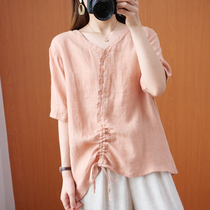 Summer literary drawstring hemp top Joker casual thin solid color v-neck short sleeve t-shirt women loose cotton linen shirt