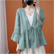 Summer literary loose thin linen long sleeve cardigan Chinese V-neck lace-up cotton linen sunscreen air-conditioned shirt top