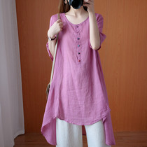 Summer Literature and Art National style long Ramie shirt casual loose irregular retro linen top women thin cotton linen