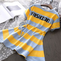 2021 Childrens Summer Dress Girls Leisure Short Sleeve in Large Childrens Strip Waist Dress