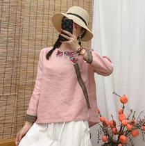 Pure linen heavy industry embroidery early autumn new long sleeve loose round neck cross buckle pullover shirt literary retro