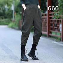 2021 autumn corduroy small foot trousers women loose casual elastic waist diagonal pocket Harlan temperament womens pants