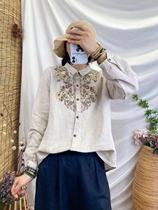 Pure linen embroidery early autumn long sleeve shirt women loose thin temperament single-breasted Shirt literary style solid color coat
