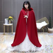 Red woolen sweaty cloak hood woman autumn winter style ancient dress wedding cloak jacket show and Chinese style shawl long and airy collar