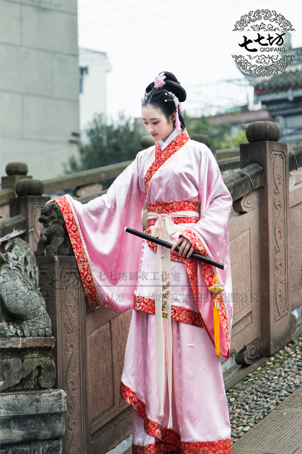 七七坊◆正统华汉服广袖伴娘大摆鱼尾三绕曲裾 洛花缘 款二粉红_7折