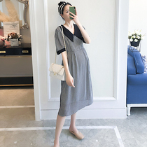 Pregnant women chiffon dress summer Foreign style long bird grid lapel summer dress tide mom temperament loose maternity dress