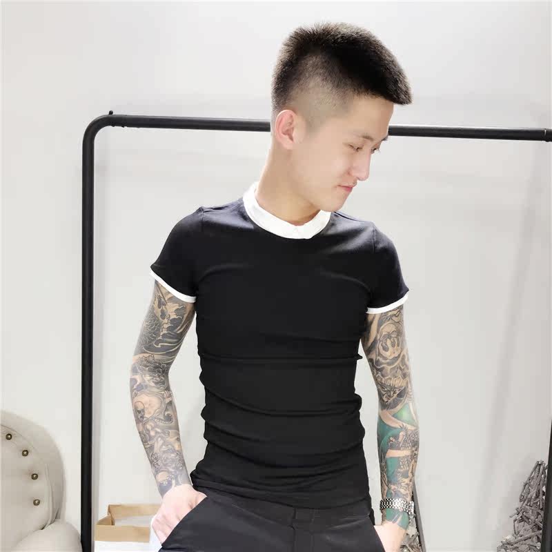 2017春夏快手红人魏龙同款短袖精神社会小伙翻领t恤多色紧身半袖