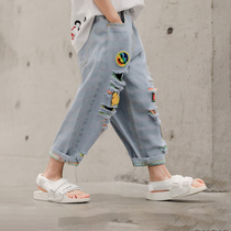 Boys pants summer thin childrens hole jeans big boy nine points beggar father pants summer Tide pants