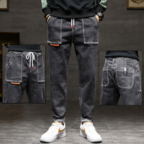 Summer mens new tightness waist casual jeans Mens straight drum trendy draw rope to fix small feet elastic long pants